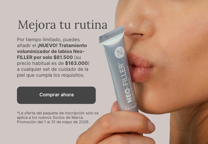 50% OFF Neo-FILLER Volumizing Lip Treatment with any Neo-FILLER or Neo-FILLER Set purchase. Featured is a woman kissing a tube of Neo-FILLER Volumizing Lip Treatment.